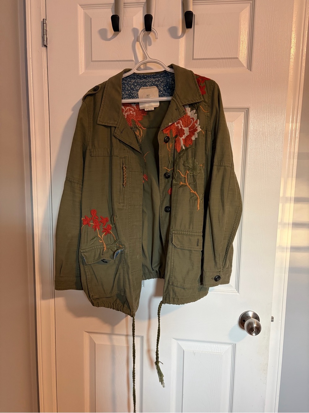 Embroidered Olive Utility Jacket with Floral Detail